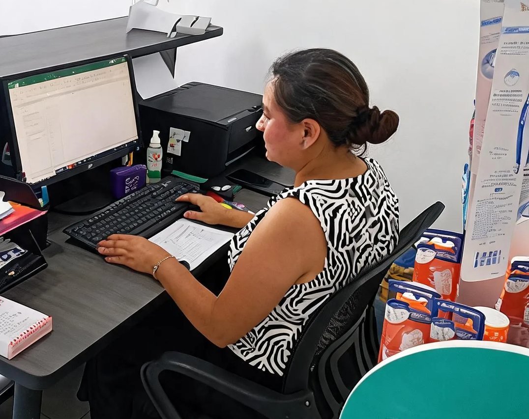 Recepción de Sonrisa 360: nuestra recepcionista atendiendo en su escritorio